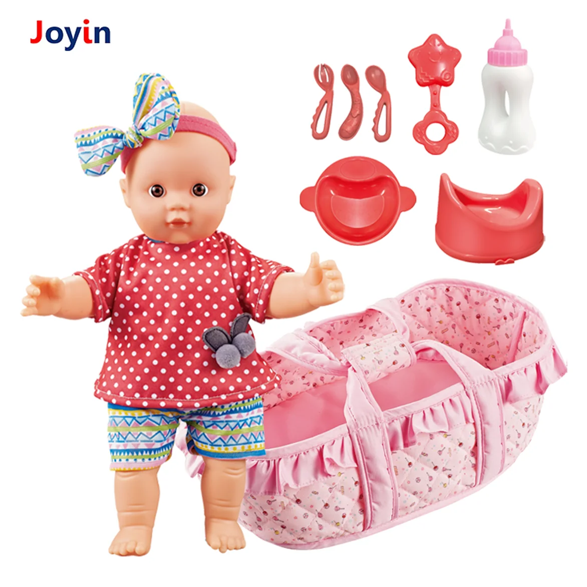 9 PCS 12-Inch Cotton-Body Molded Dolls with Fabric Carry Basket Toy Set - Nipple, Kids Potty for Girl