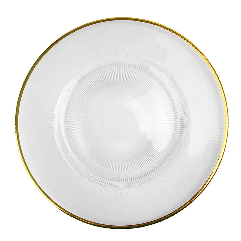 Gold rim ray glass charger plates wedding party decoration hot sale gold plated silver edge glass dinner plate