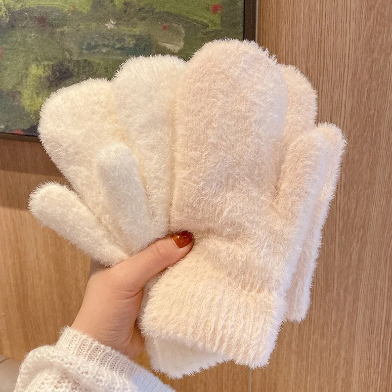 Women Cute Solid Color Mink Cashmere Mittens Winter Outdoor Cycling Hamd Gloves