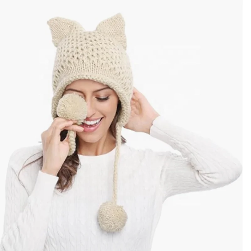 Winter Cute Cat Ears Knit Hat Ear Flap Crochet Beanie Hat