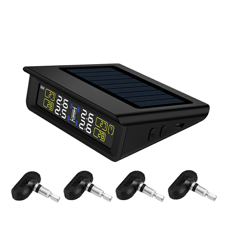 TPMS Car Tire Pressure Alarm Monitoring System with Solar Power Display Smart Temperature Warning Fuel Saving With 4 Sensors