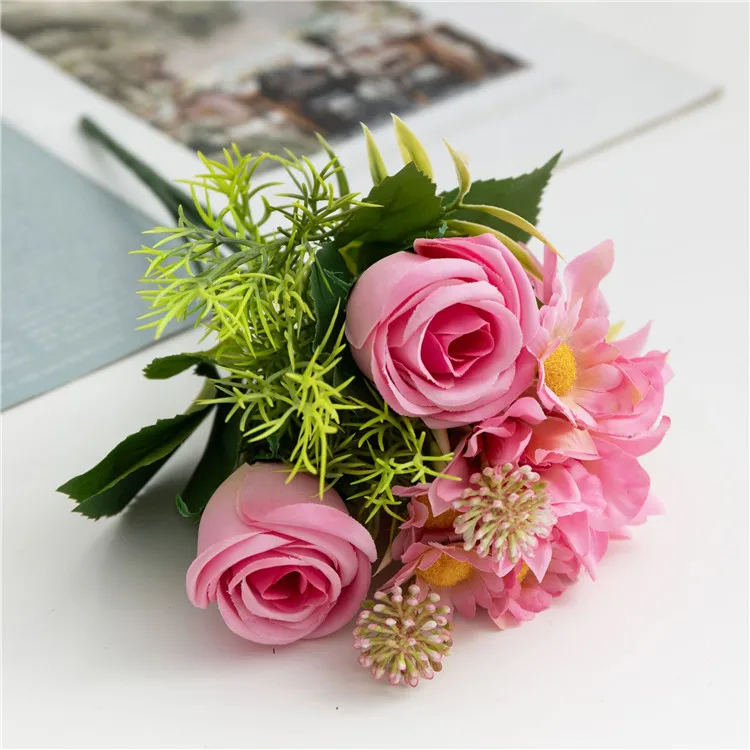 Artificial 7 Branches Rose Bouquet for Home Decoration Wedding Floral Arrangement Centerpiece Wholesale Silk Flowers Bouquet