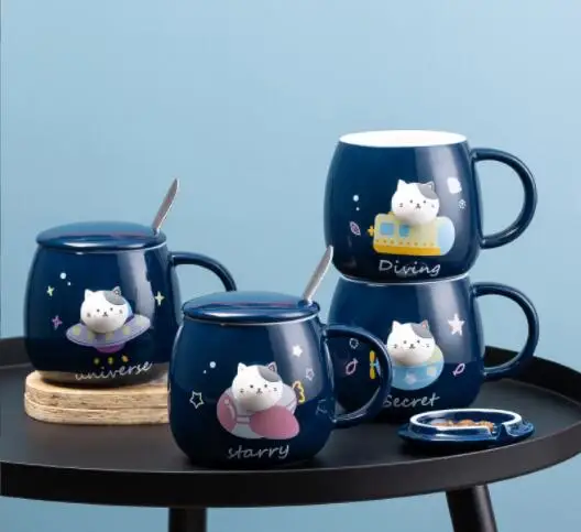 Hot sale ceramic Potbelly mugs dark bule color cute cat cup design
