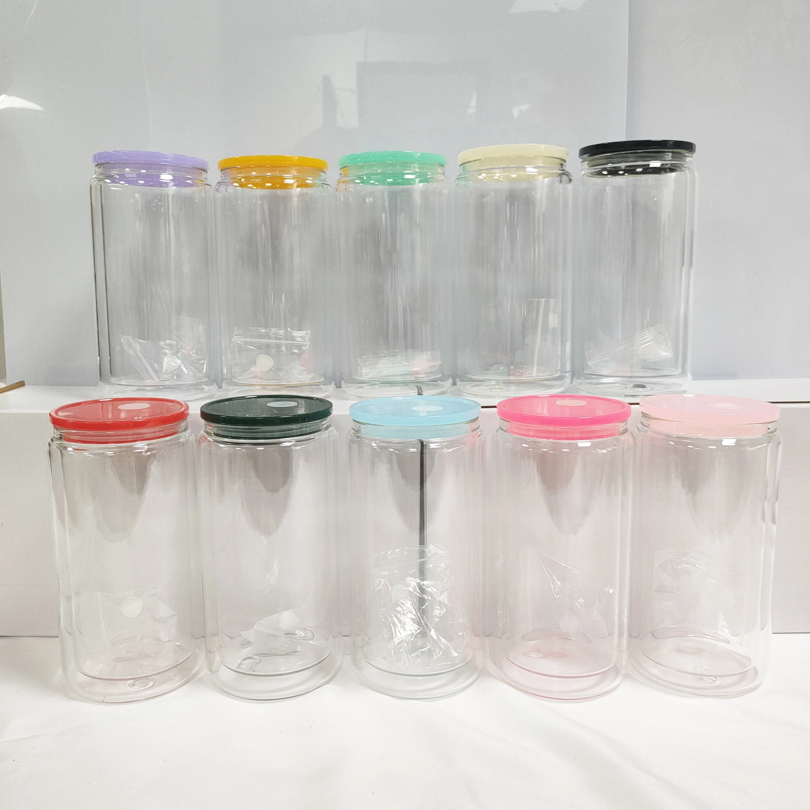 hot sales sublimation 16oz 20oz double wall Pre drilled snow globe libby Glass can cup tumbler with colorful plastic lids