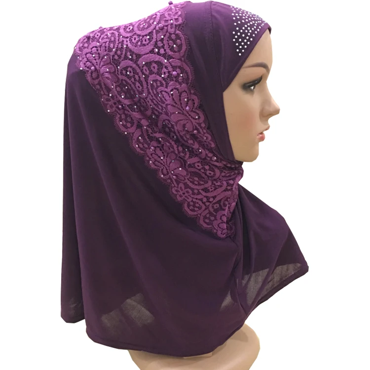 Wholesale Custom Polyester Thin Section Muslim Multicolor Lace Applique Hot Drilling Instant Hijab For Women