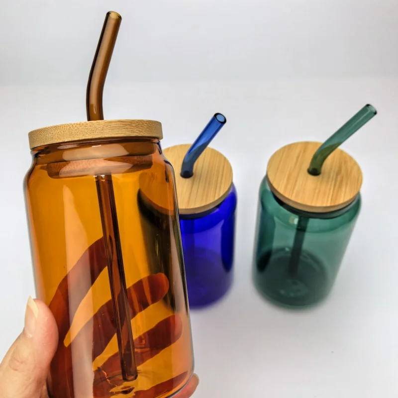 Custom logo 400ml/540ml solid colors beer soda can glass cup with bamboo lid and straw