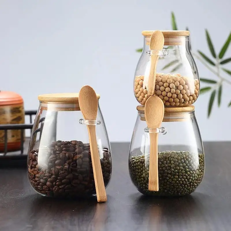 1000ml/650ml/350ml/355ml Airtight high borosilicate spice glass storage jar with wooden bamboo lids and spoon