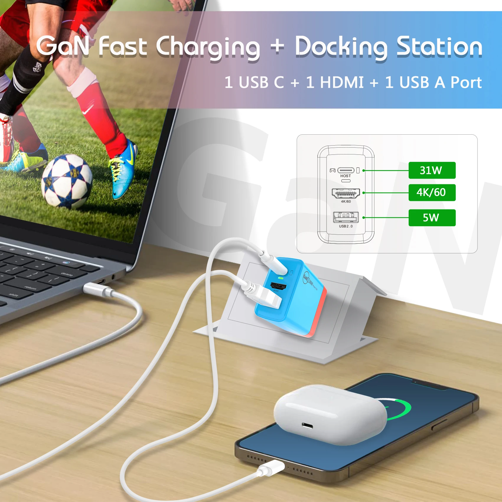 PD Fast Charger Docking Station HD 4K@60Hz Type-C 3.1 USB2.0 Hub 3 in 1 for Nintendo Switch GaN 36W PD Charger Power Hub