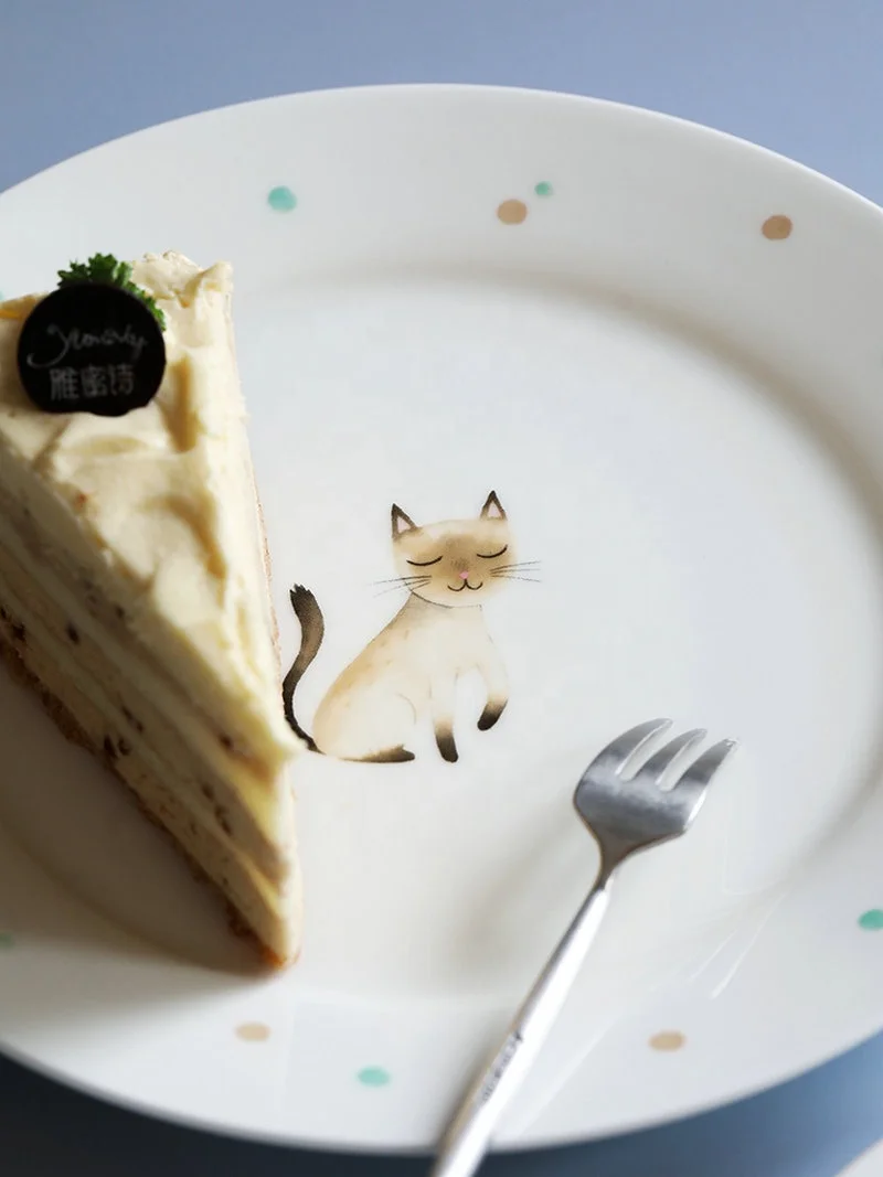 Ceramic Plate Dinner Plate with Cute Cat Design for Creative Cartoon Plate Dish Dinnerware Round Customized Pattern Kitchen