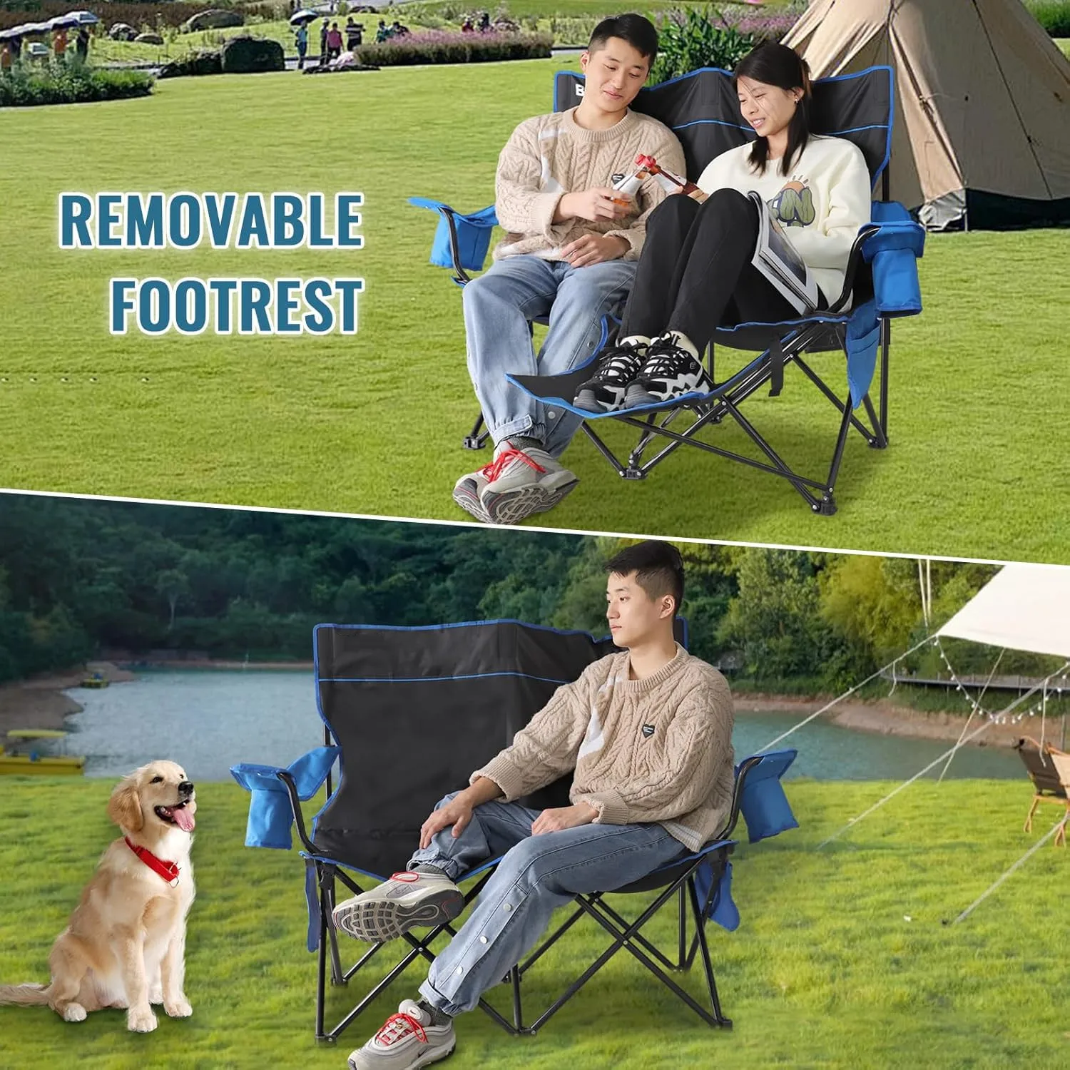 Outdoor Black Loveseat Portable 2 Person Folding Camp Chairs Camping Chair with Foot Rest  with Storage Cup Holders for Adults