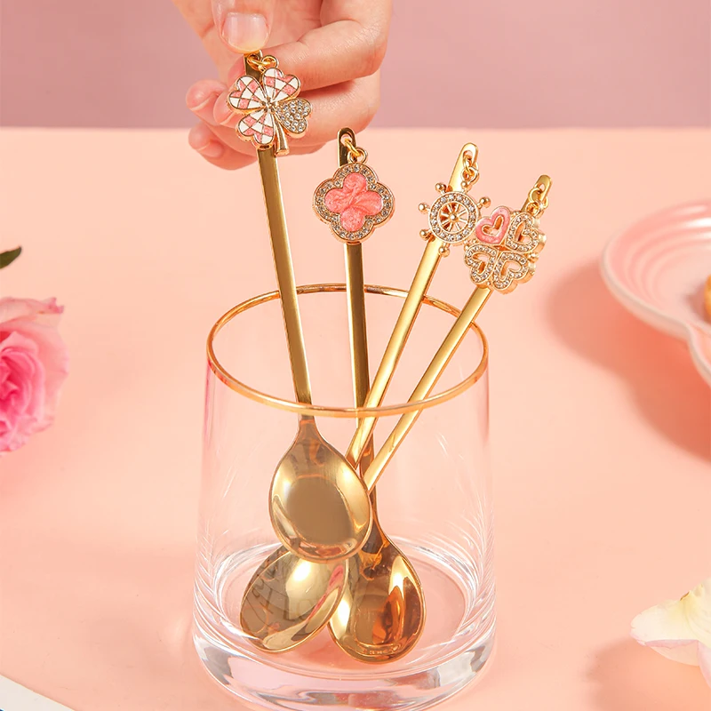 Clover charms spoon gold spoon set with color box golden spoon fork set door gift set