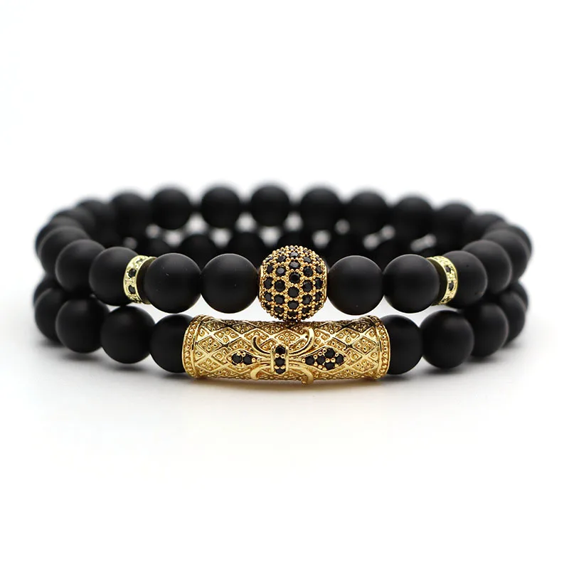 NUORO Classic Black Beads 2pc/Set Natural Glass Stone Bracelet Men Pave CZ 8mm Disco Ball Charms Bracelets Women Gold Jewelry