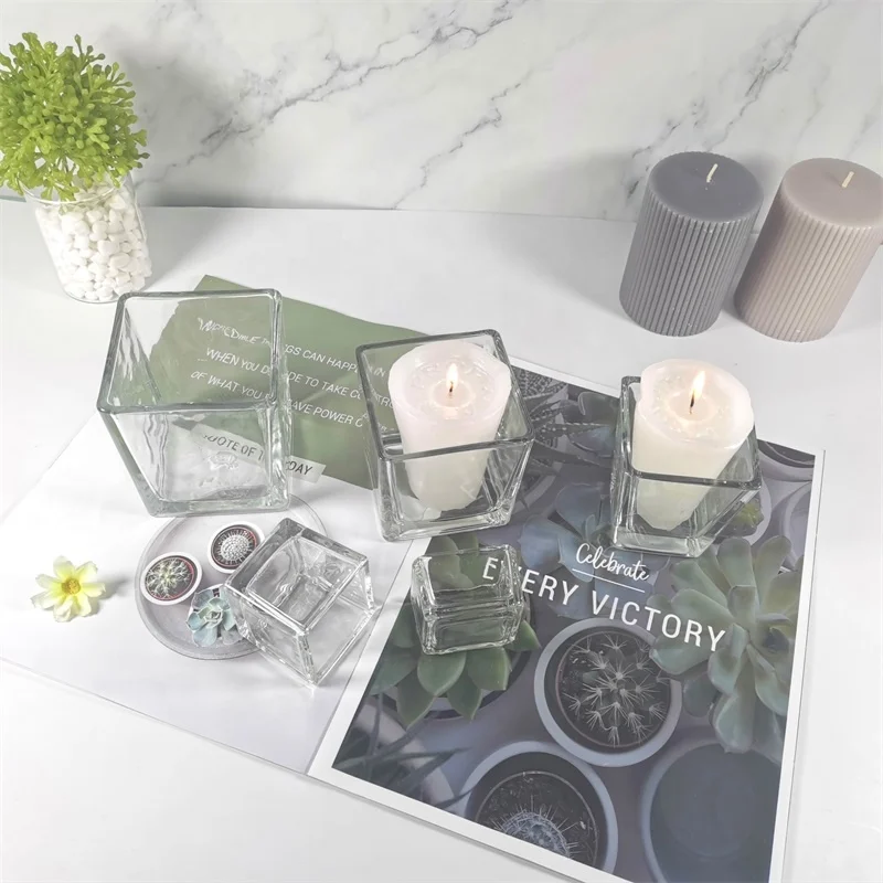 Square shape 4inch  glass candle holder hot sell candle jar for wedding and ceremony wholesale cheap clear candle glass holders