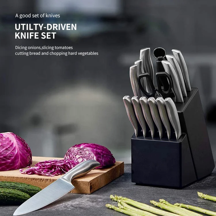 Cutlery chef Knife Block Set ,15 Pieces German Stainless Steel kitchen Knife Set With Wooden Block