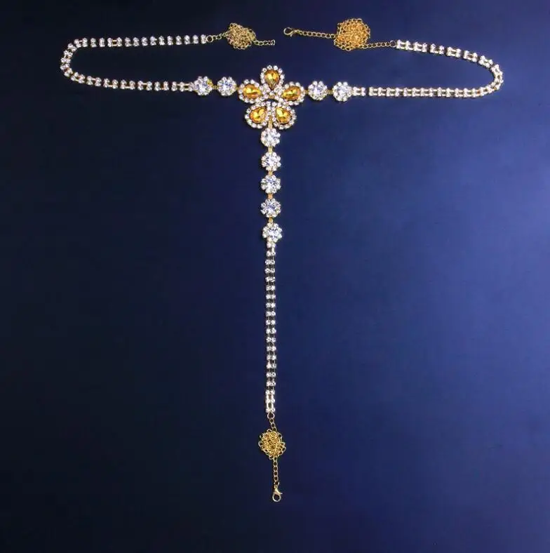 
Sexy Underwear Yellow Flower Crystal Thong Panties for Women Rhinestone Body Chain Underwear Jewelry 