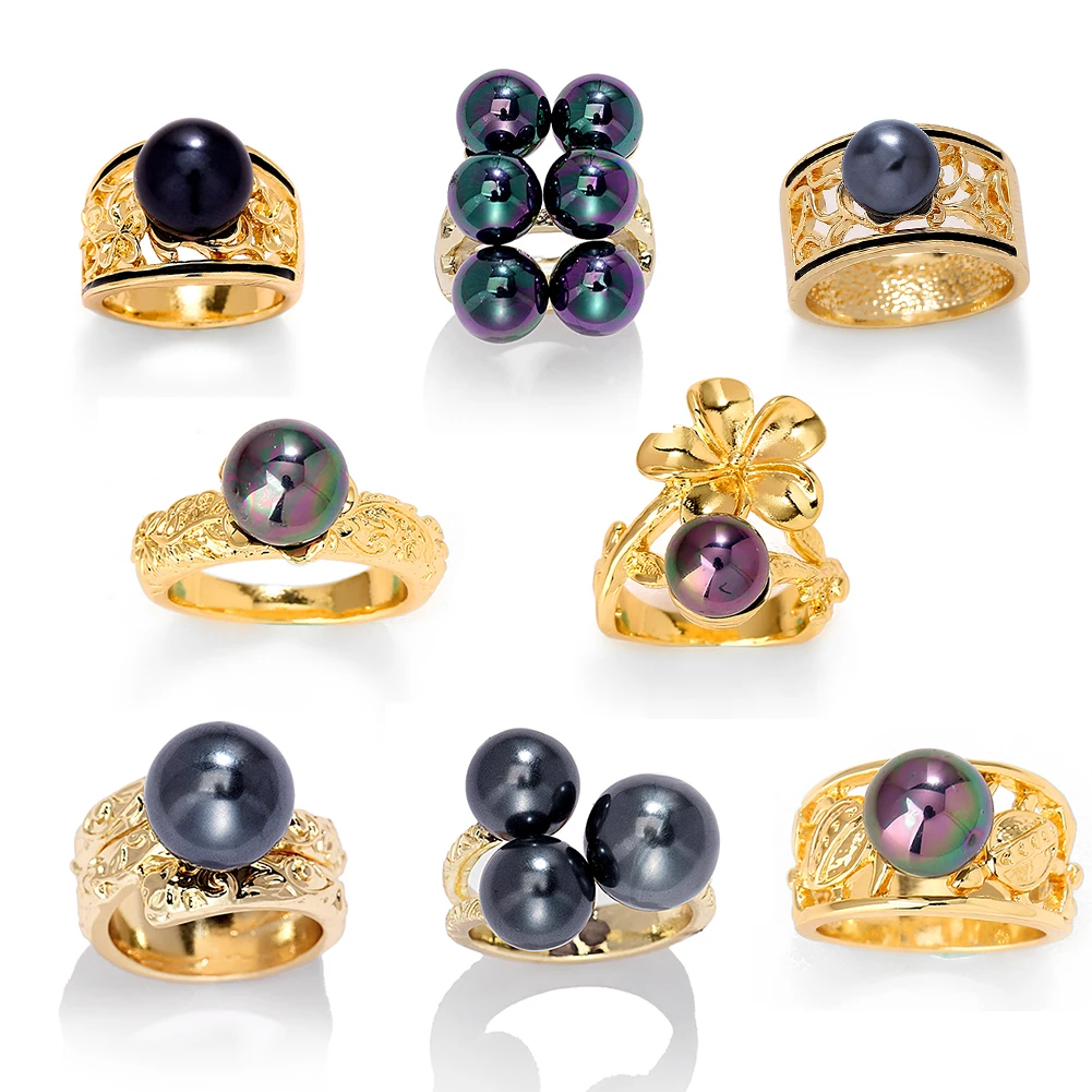 
SophiaXuan Charms Black Pearl Ring 14K Gold Plated Flower Women Hawaiian Ring Jewelry 