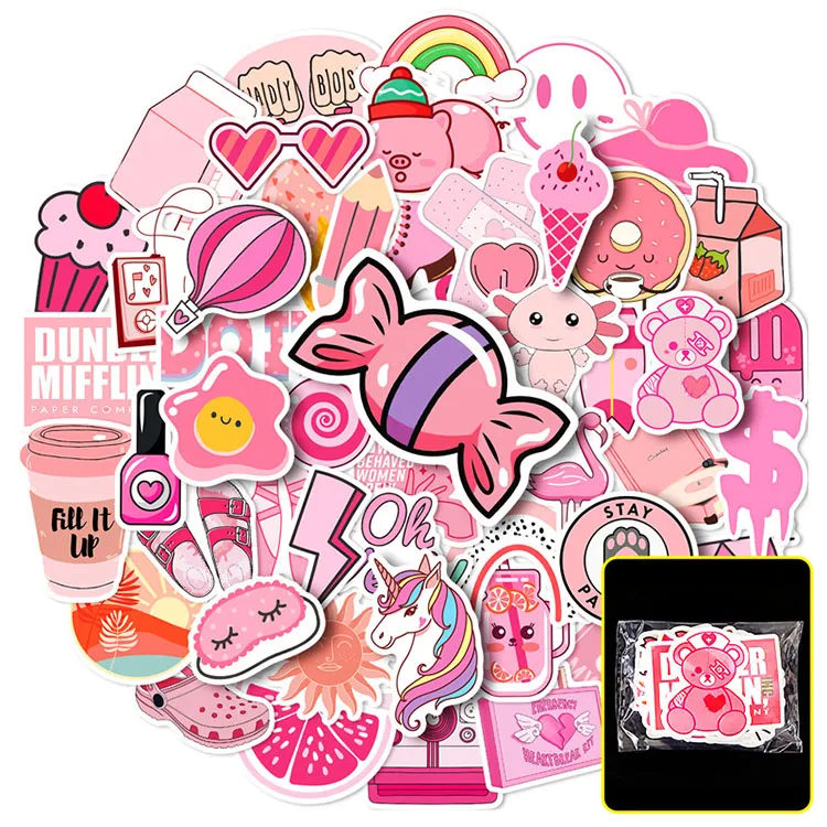 2024 big stock hot selling 50 pink mix-up stickers New cartoon cute girl beautiful graffiti stickers Long service life