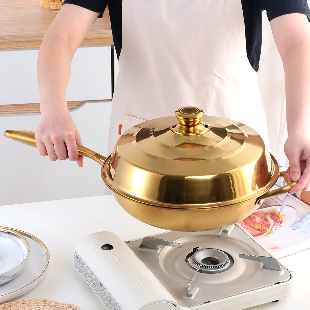 Household Matte Finish Stainless Steel Heavy Duty Wok with Lid and Cooking Shovel