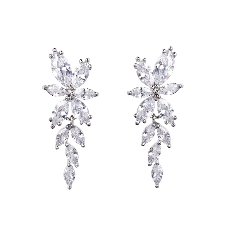 Marquise Leaf Shape Cubic Zirconia CZ Crystal Chandelier Earrings for Women Wedding Bride or Bridesmaid Jewelry