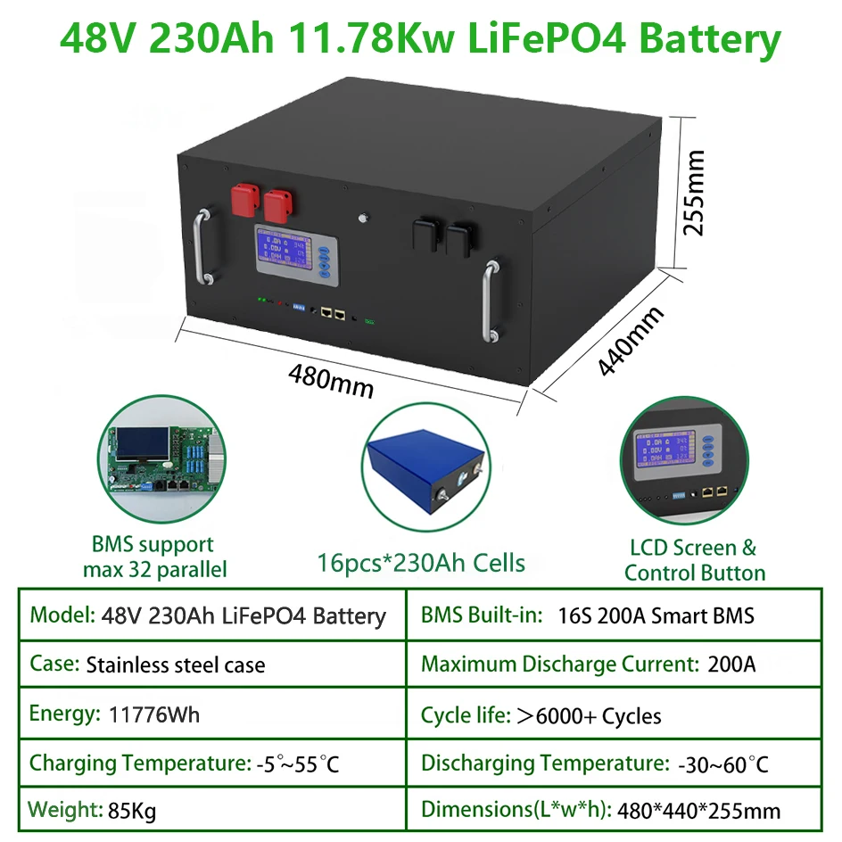 LiFePO4 аккумулятор 48V 230Ah 6000 Глубокий циклов макс 32 параллельных ПК монитор батареи инвертора с может RS485