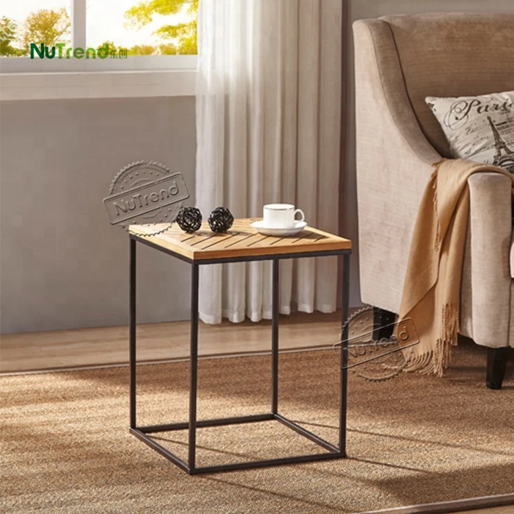 Antique Chevron Pattern Square Top Wood Veneer Metal Nesting Living Room Set of 2 Side Table