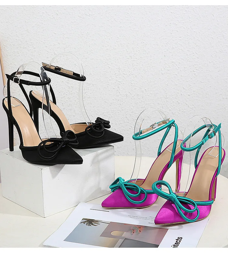 2022 colorblock pointed toe satin muqin high heels ladies stilettos strappy pointed high heels