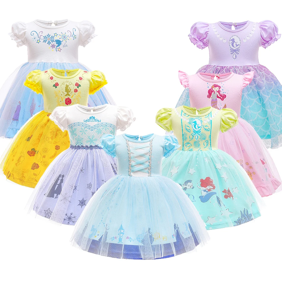 2021 Summer Kids Casual Clothing Children Cartoon Ruffle Tulle Dress Girl Elsa Anna Belle Mermaid Princess Costume