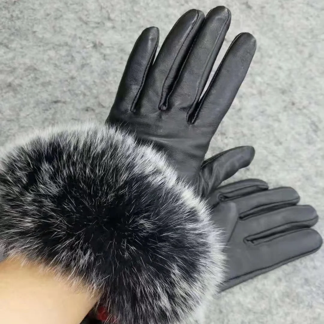 MWFur Fashion Sheepskin Gloves Touchscreen Winter Women Hand Warmer Black Real Leather Gloves With Fox Fur Trim