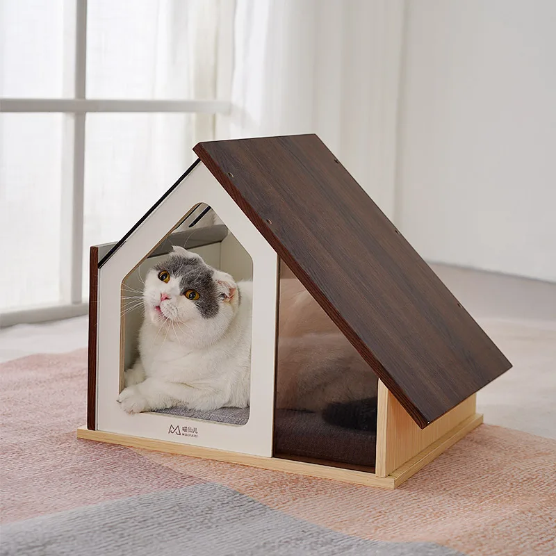 Wooden indoor cat pet house with window. Dog cat bed, modern furniture, kennel crate