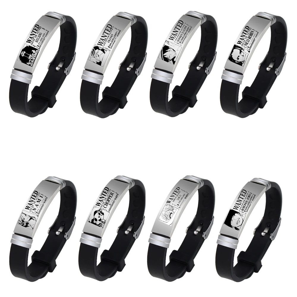 Anime Customized Text black Leather Bracelets Engrave logo Shape Stainless Steel Bracelets For Women Men Wholesale Pirates Luffy