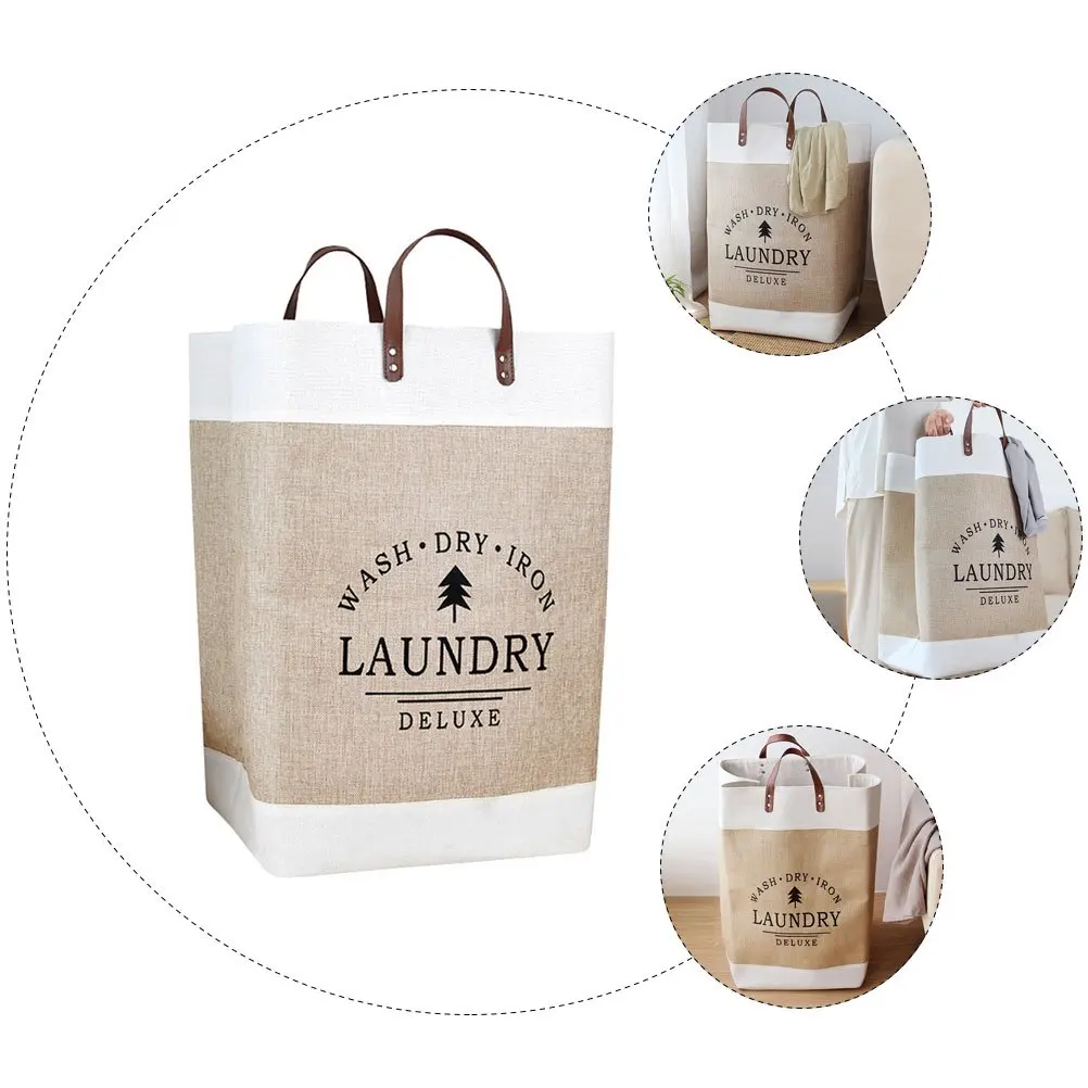 Hot Ins Linen Fabric Dirty Clothes Storage Basket with Leather Handle Bathroom Clothes Hamper Washable Foldable Laundry Basket