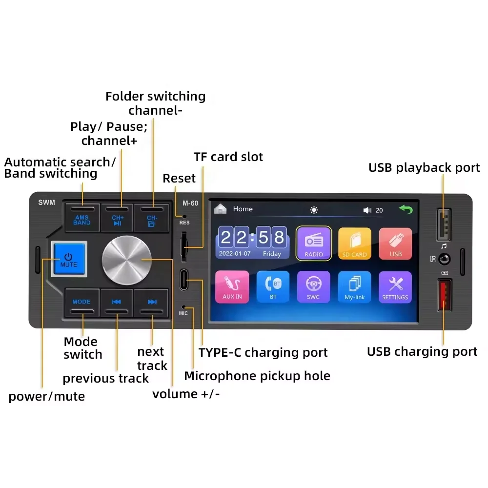 Model M-60 1DIN Auto Radio Car MP5 Player 4-Inch Touch Screen FM/AM Wave Band Dual Type C Bluetooth Hands-Free Reverse Camera