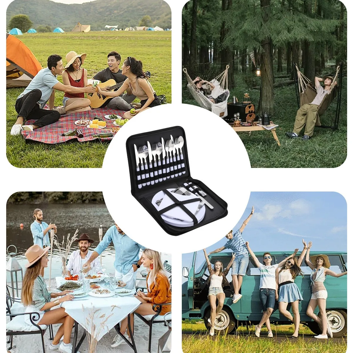 Outdoor Camping Portable Stainless Steel Cutlery Set  Double Travelling Picnic Ceramic Steak Knife Fork Spoon Set