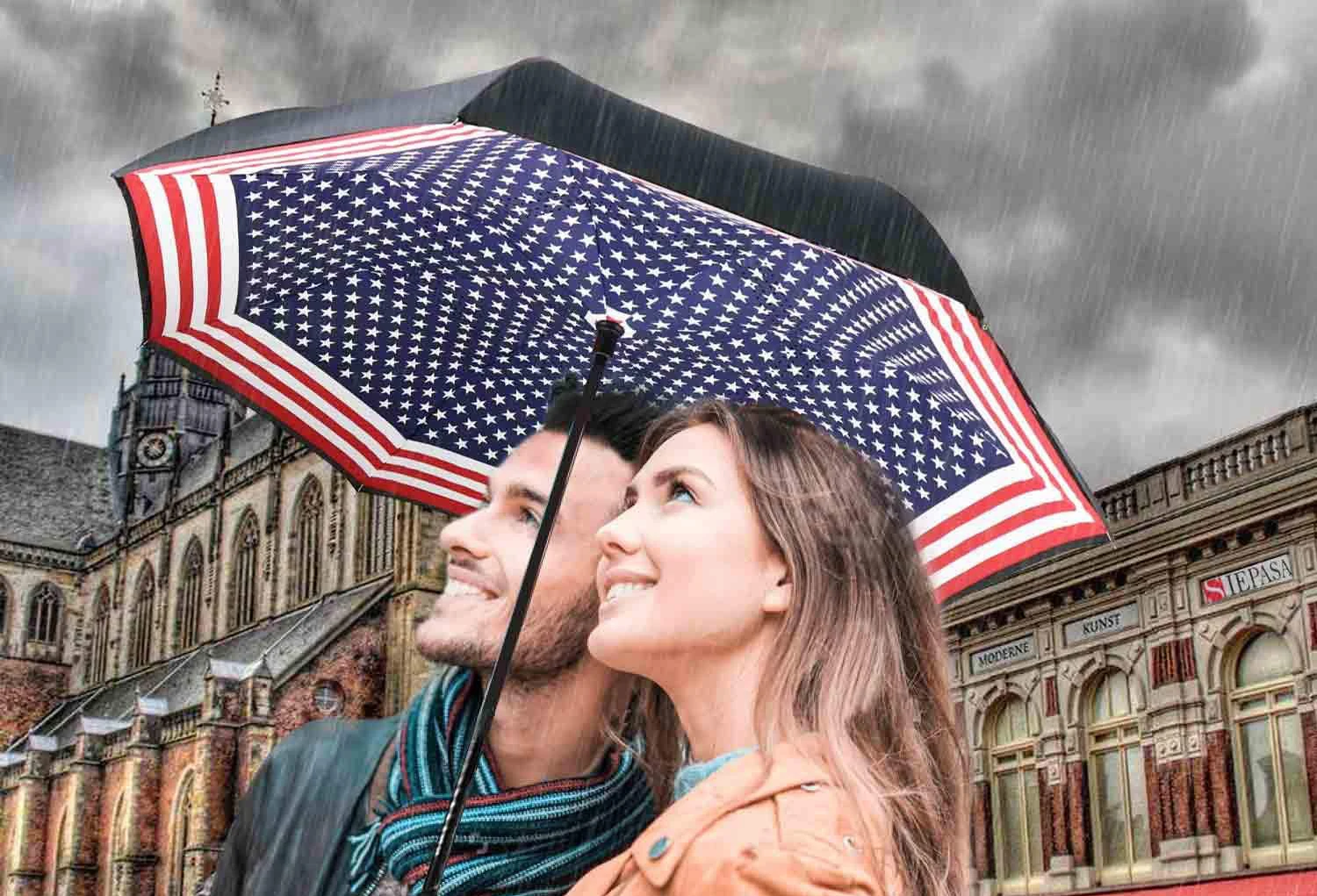 Reverse Umbrella Large Inverted Umbrellas for Rain with C-Shaped Non-Rust Handle for Men & Women American Flag Umbrella