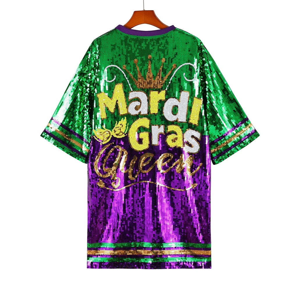 Wholesale Shine Bright Plus-Size Sequin Mardi Gras T-Shirt Dress Handmade Round Neck Sparkling Dazzling Look Sexy Knee Jersey