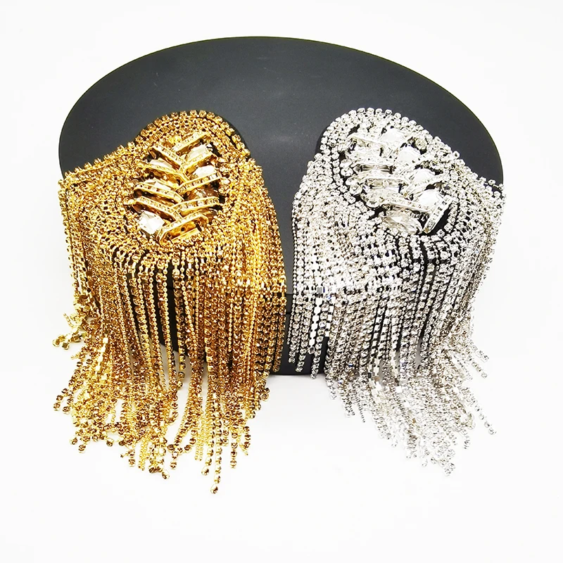 Beads crystal rhinestone chain handmade sewn on shoulder patch applique tassel embroidery patches for shoulders leather clothes
