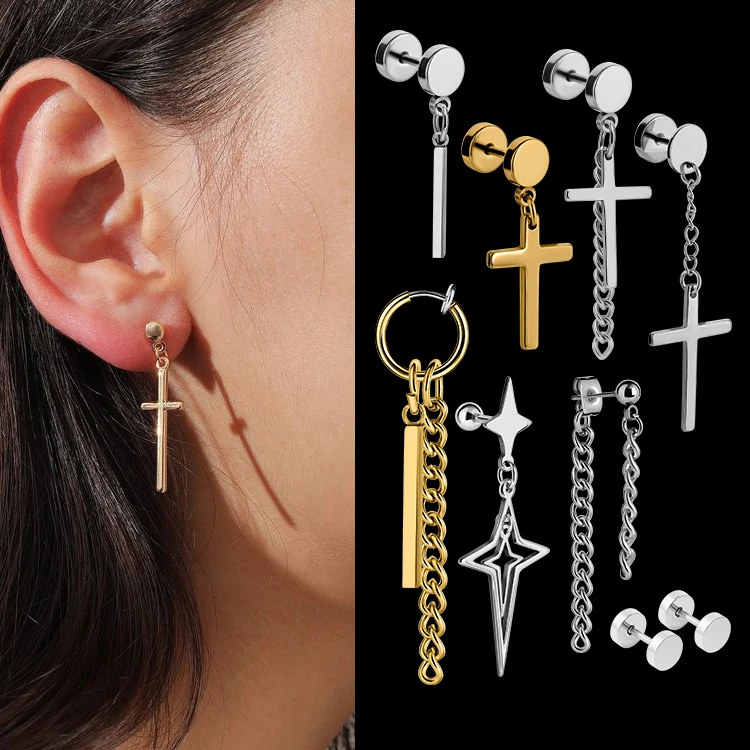 European Hot Selling Hip Hop Jewelry Wholesale Stainless Steel Gold Plated Hollow Cross Star Cross Stud Earrings Dangle Earrings