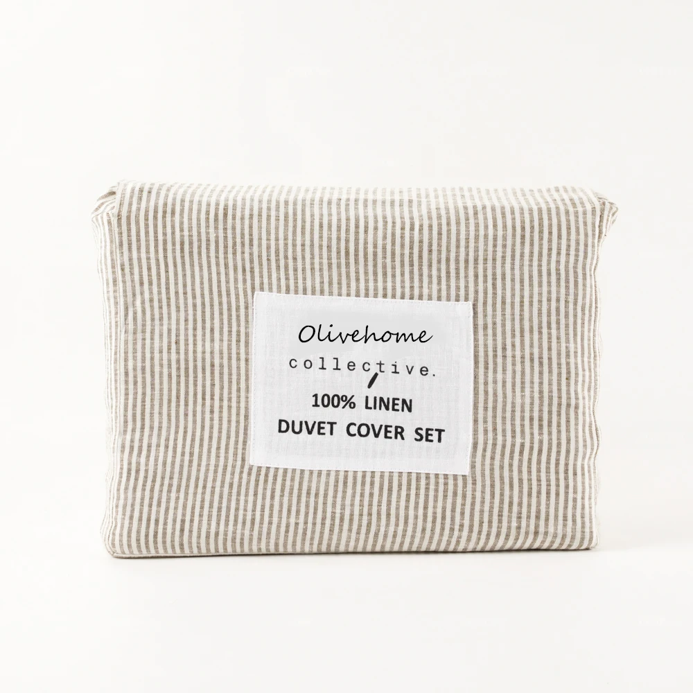 100% Stone Washed French Flax Linen Home Bedding Set Print Pinstripe Lightweight Cooling Soft Double duvet cover set packing bag