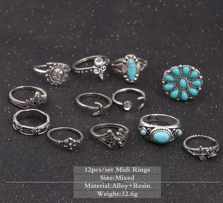 Alloy Retro Carved Turquoise Ring Sun Moon Joint Gem Set Women Fashion Boho