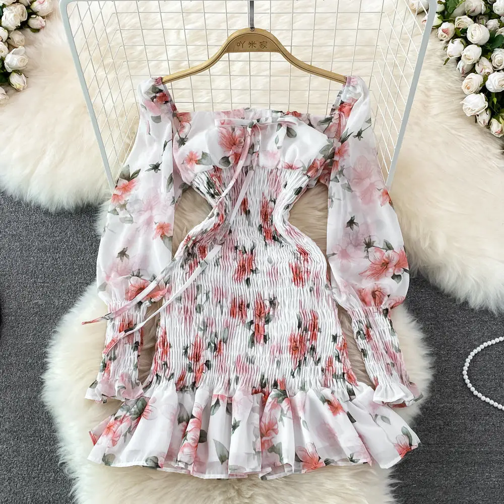 Floral Dress Women 2021 Summer Elegant Ribbon Ruffled Sleeves Pleated V-neck Slim Long Chiffon Dresses Stock