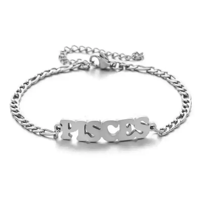 Hot Sale Stainless Steel 18K Gold Plated Zodiac Sign Bracelet Nk Chain Twelve Zodiac Bracelet English Letter Pendant Bracelet