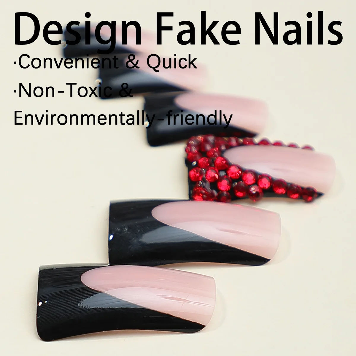2024 new designer medium length duckbill black french press on nails luxury red rhinestone fake nails