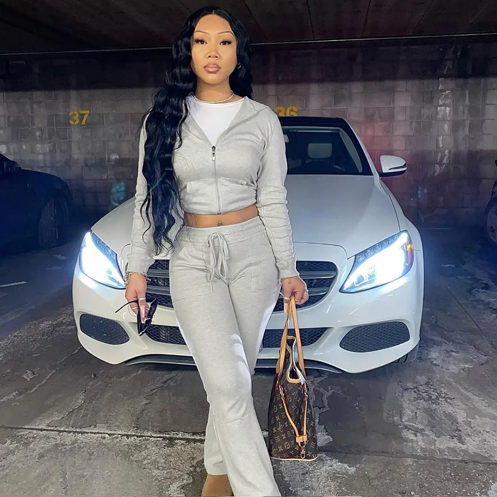 Autumn and winter new drawstring hooded multi pocket wide Wide Leg Pants German velvet women two-piece suit