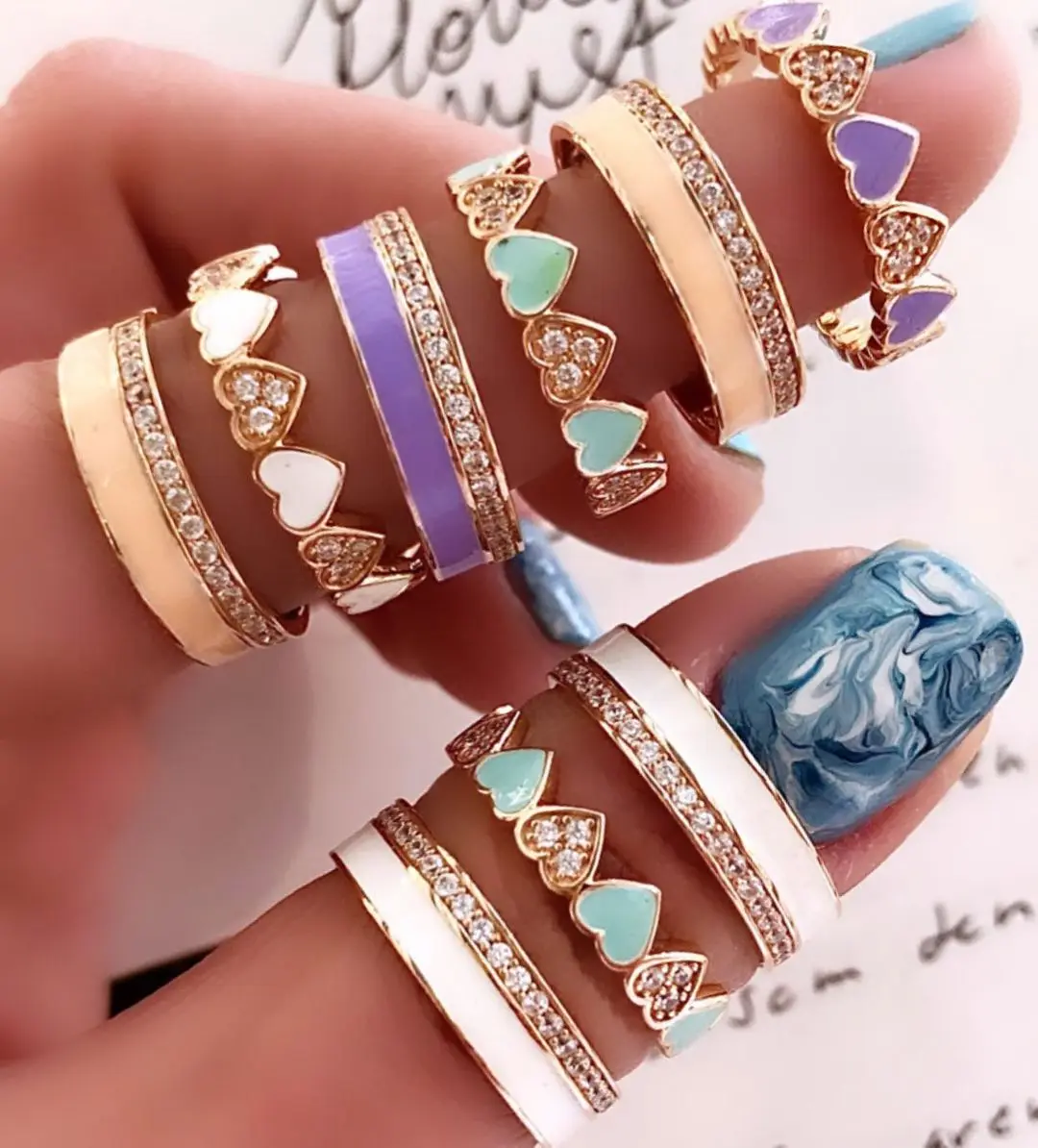 Hot Sale Gold Plated Simple Design Enamel CZ Ring Oil Drip Heart Charm Eternity Ring