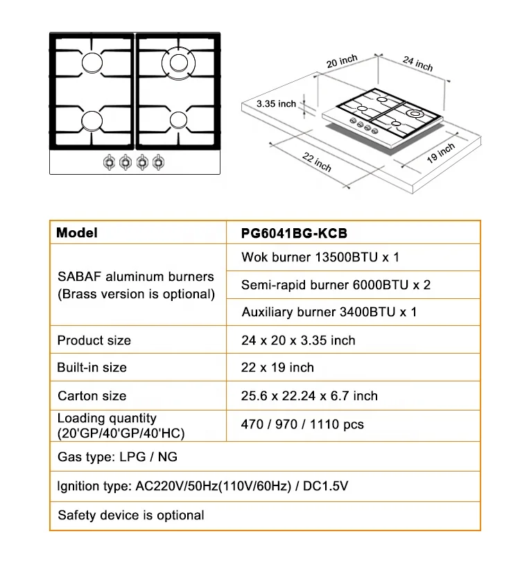 Built in hob China Manufacturer Tempered Glass 4 Burner Cooktop with 24 inch Placa de Gas