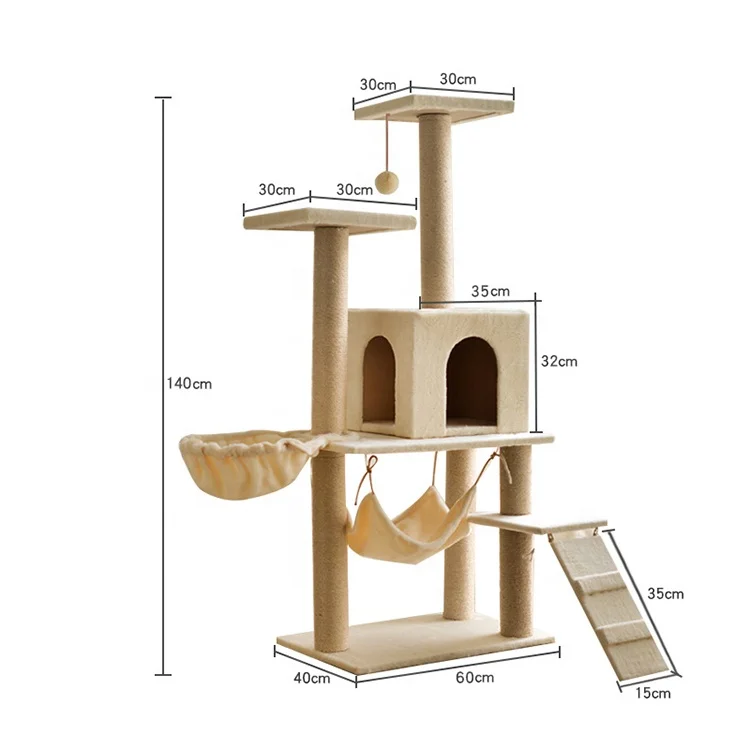 OEM 40*60*140cm Natural Wood Cat Furniture Scratch Post House Condo Tower Cat Tree