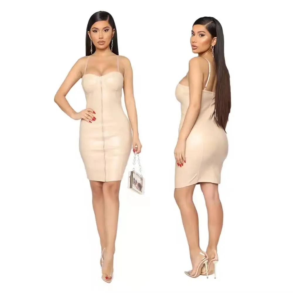 Wholesale Tight-fitting Ladies Party Leather Dresses Halter Elegant Office Dresses Sleeveless Bandage Front Zipper Mini Dress