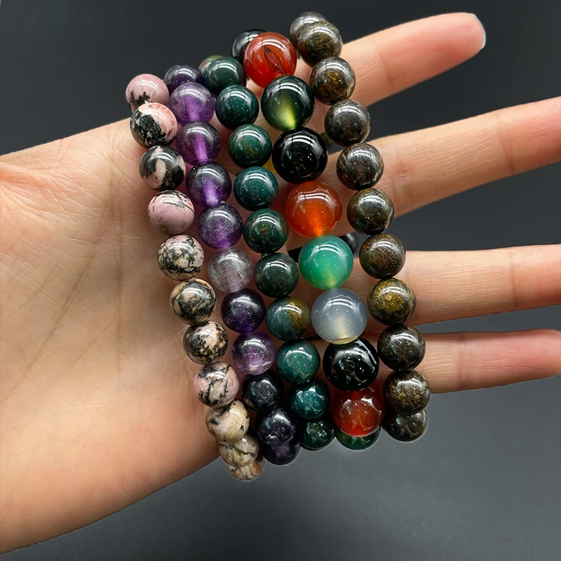 Custom Handmade Natural Stretch bracelet Black Stripe Rhodochrosite Rainbow Agate Purple Fluorite Blood Stone Bronzite Bracelets