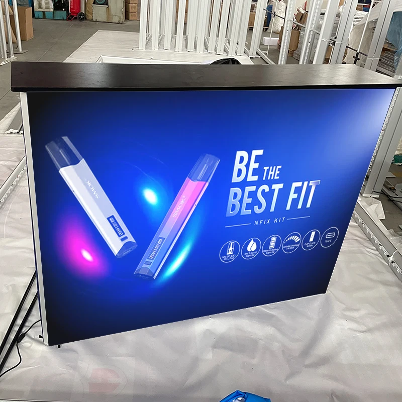 Customized Hot Sale Portable Advertising Counter Promotion Pop up Table Stand for Trad Show LED Reception Desk