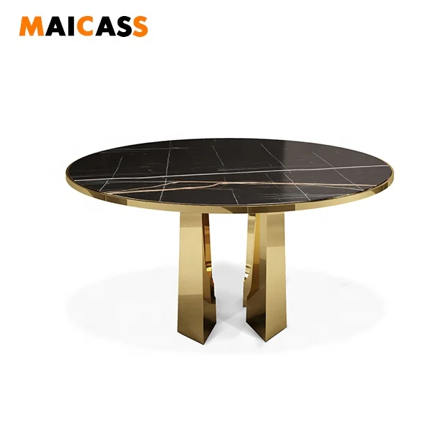 Круглый Полированный обеденный стол с мраморной поверхностью из латуни